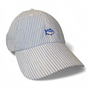 Southern Tide Seersucker Stripe Cap Blue White Fish Logo Adjustable Dad Hat
